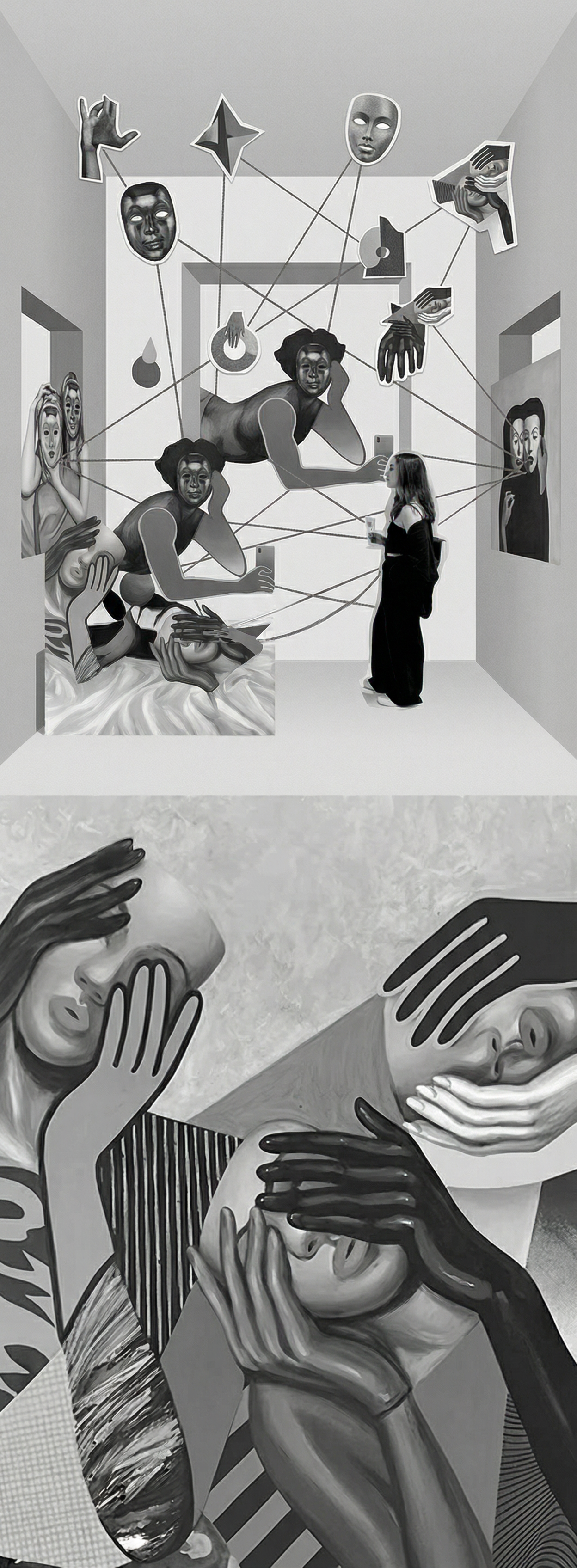 Collage: people connected by threads